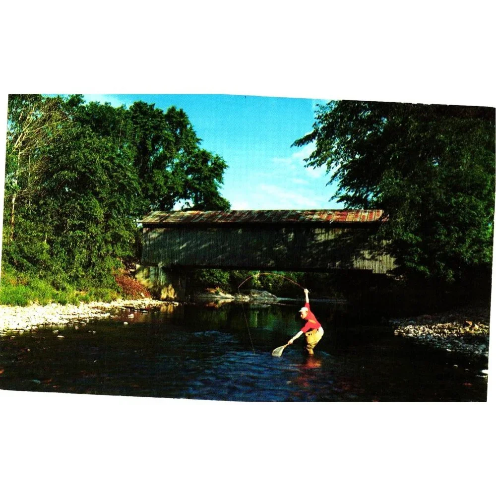 Covered Bridge Riffle Trout River Vermont Postcard Travel Souvenir Fishing